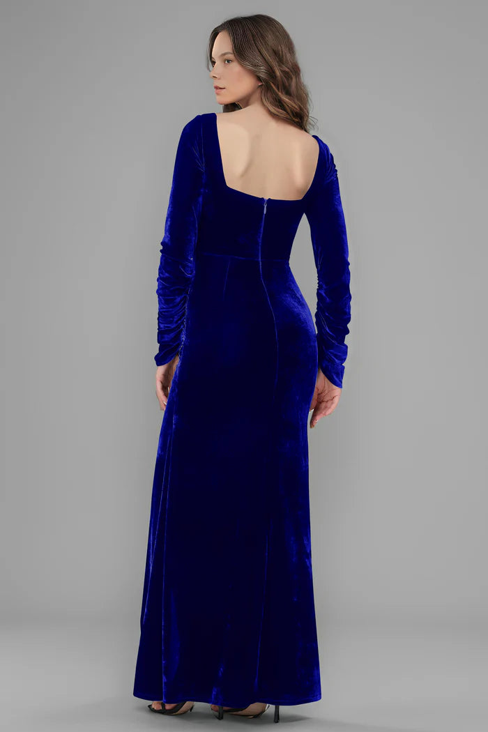 Luxe Sheath Square-Neck Long-Sleeve Open-Back High-Slit Floor-Length Bridesmaid Dresses
