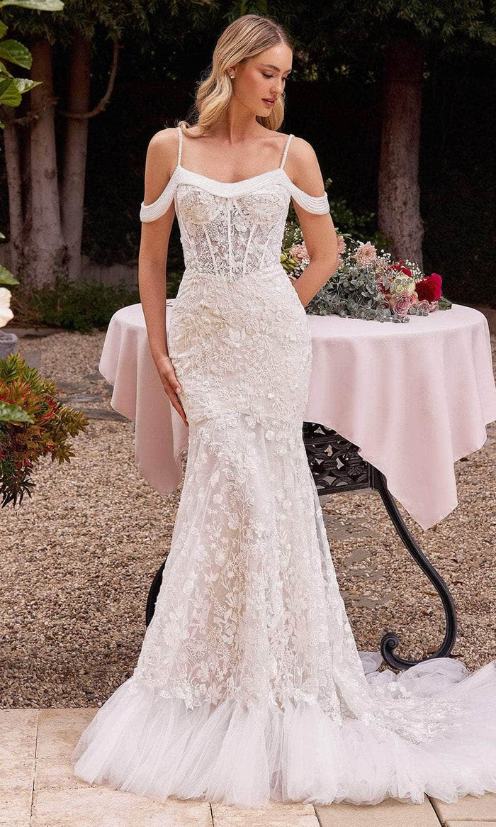 Embroidered Mopping The Floor Cold Shoulder Bridal Gown Wedding Dress