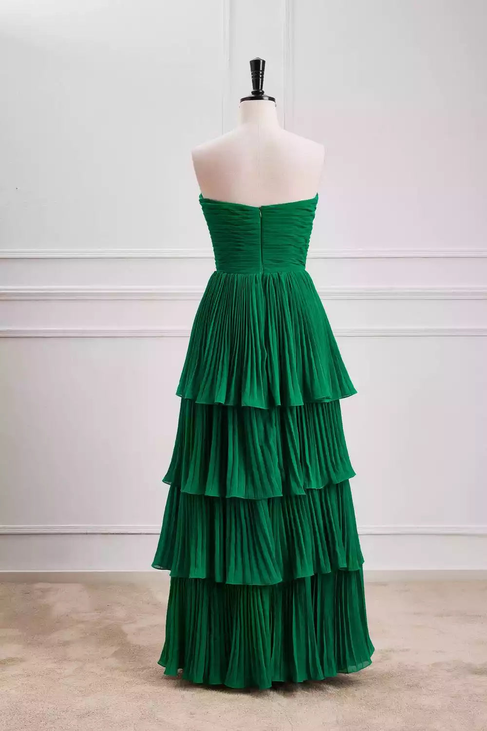 Emerald Chiffon Strapless Tiered-Pleated Gown – Romantic & Airy Evening Party Dress