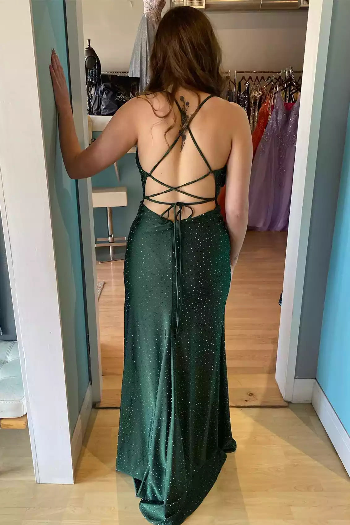 Emerald Green Beaded Satin Crisscross-Back Gown – Glittering & Modern Evening Party Dress