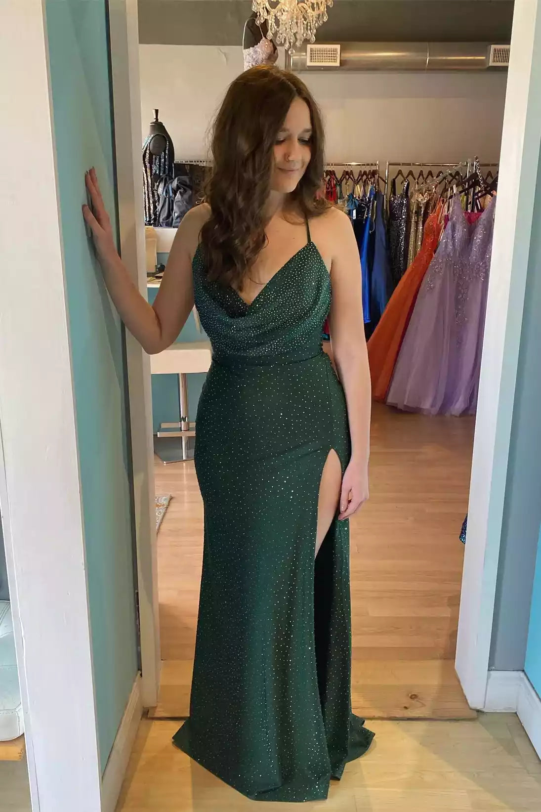 Emerald Green Beaded Satin Crisscross-Back Gown – Glittering & Modern Evening Party Dress