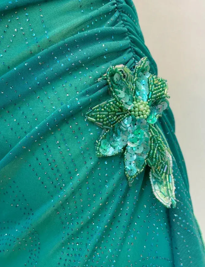 Emerald Green Glitter Spaghetti Strap Sweetheart Ruched Maxi Gown with Ruffle