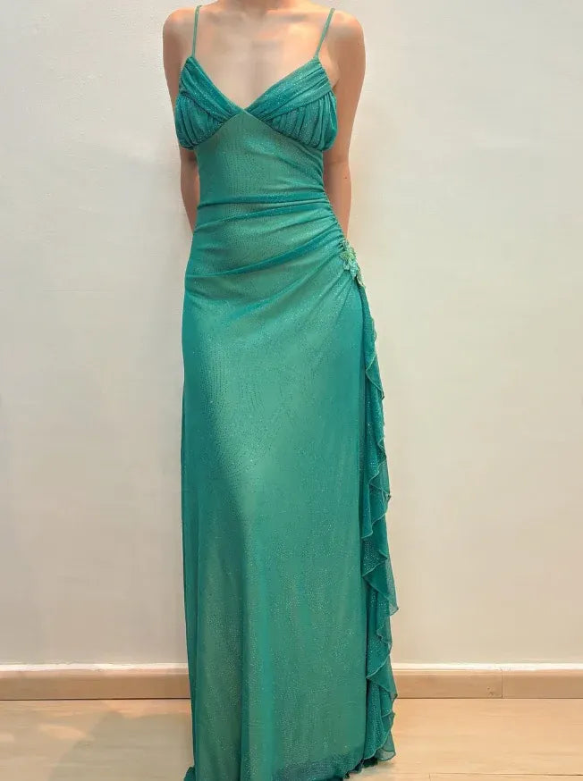 Emerald Green Glitter Spaghetti Strap Sweetheart Ruched Maxi Gown with Ruffle