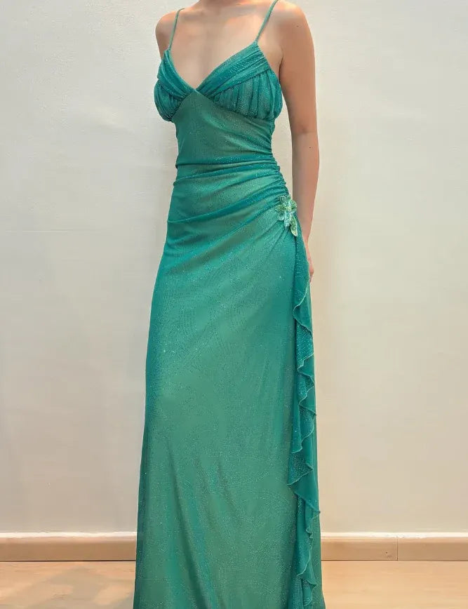 Emerald Green Glitter Spaghetti Strap Sweetheart Ruched Maxi Gown with Ruffle