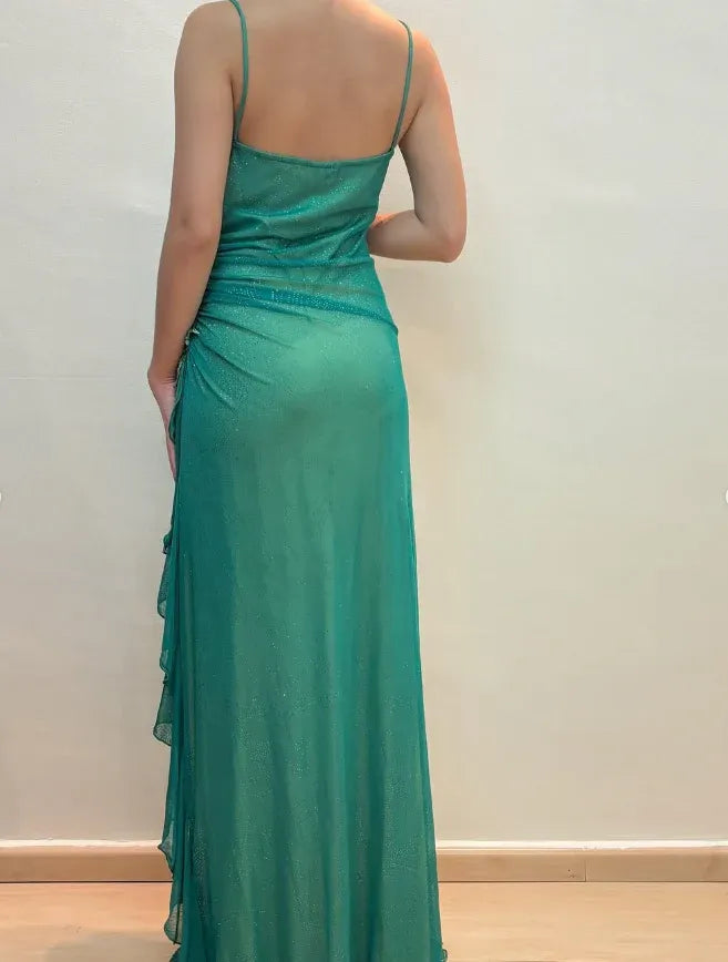 Emerald Green Glitter Spaghetti Strap Sweetheart Ruched Maxi Gown with Ruffle