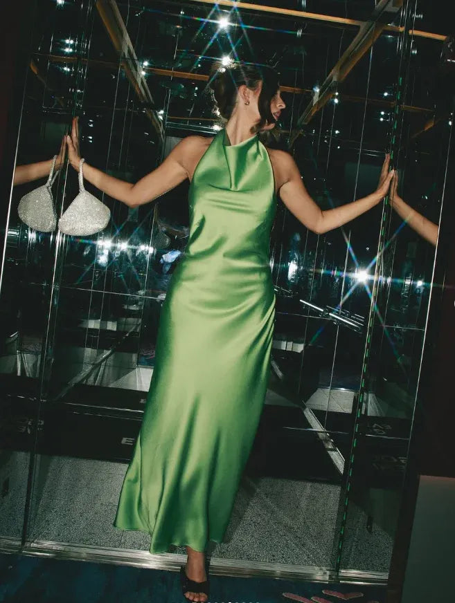Emerald Green Halter Neck Cowl Open Back Satin Mermaid Maxi Gown with Train