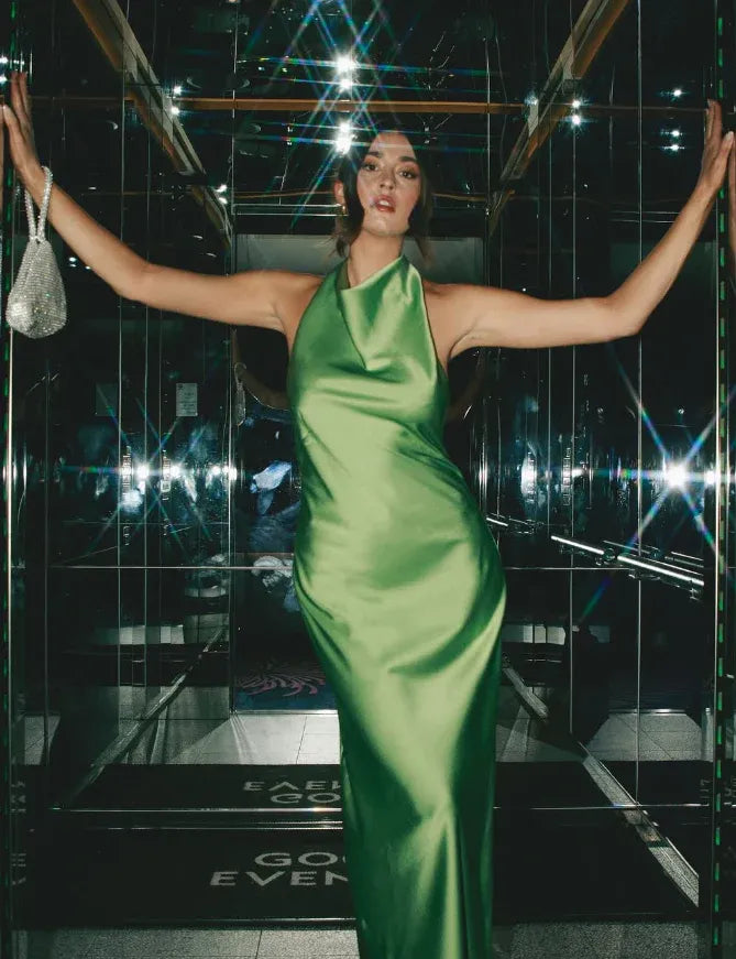 Emerald Green Halter Neck Cowl Open Back Satin Mermaid Maxi Gown with Train
