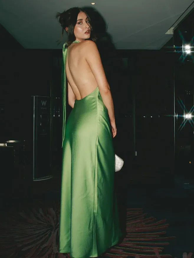Emerald Green Halter Neck Cowl Open Back Satin Mermaid Maxi Gown with Train