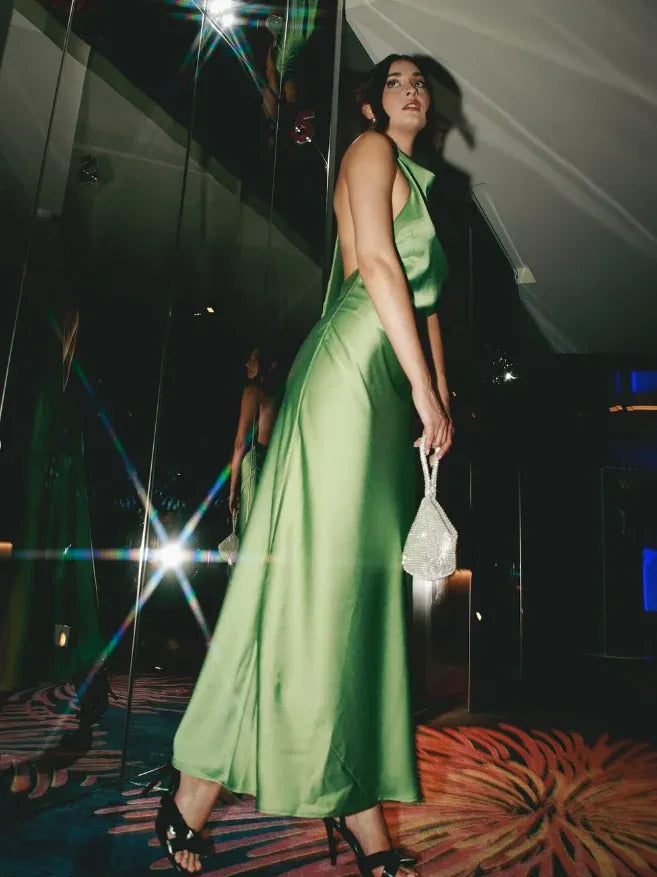 Emerald Green Halter Neck Cowl Open Back Satin Mermaid Maxi Gown with Train