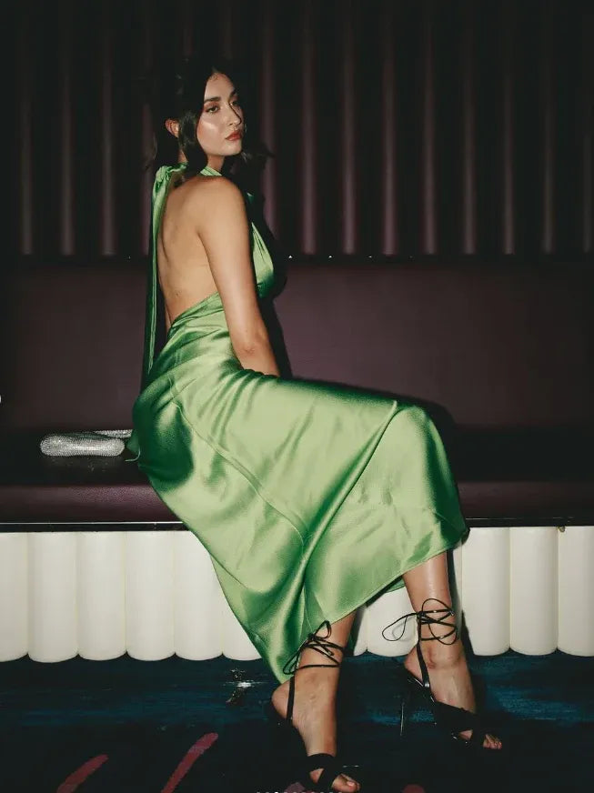 Emerald Green Halter Neck Cowl Open Back Satin Mermaid Maxi Gown with Train