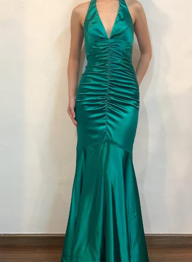 Emerald Green Halter Neck Ruched Satin Mermaid Maxi Gown