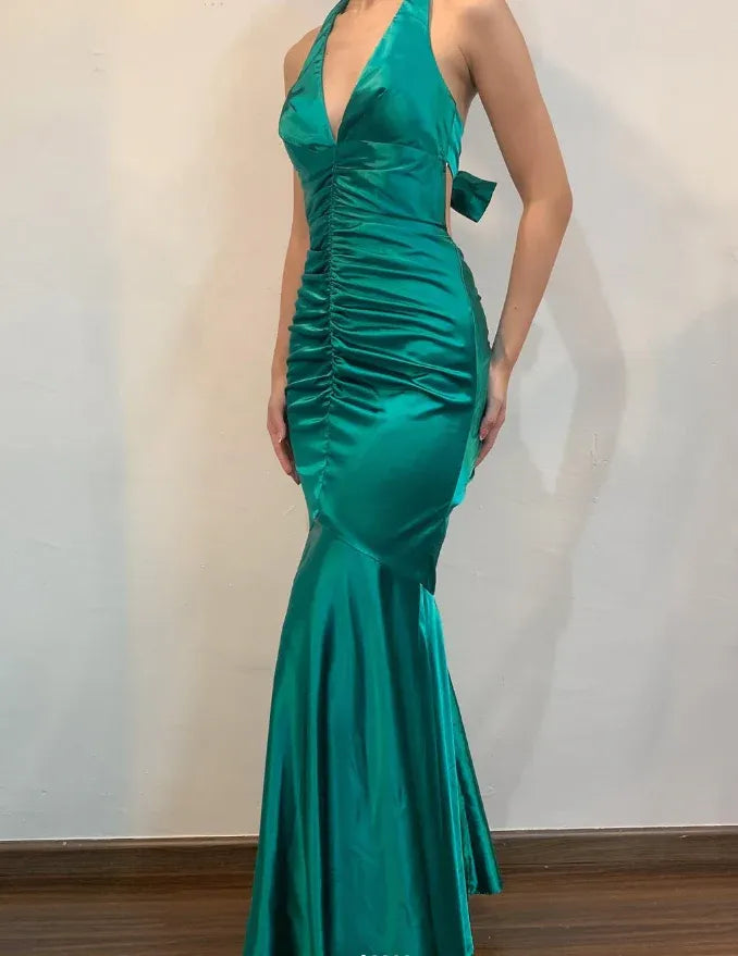 Emerald Green Halter Neck Ruched Satin Mermaid Maxi Gown