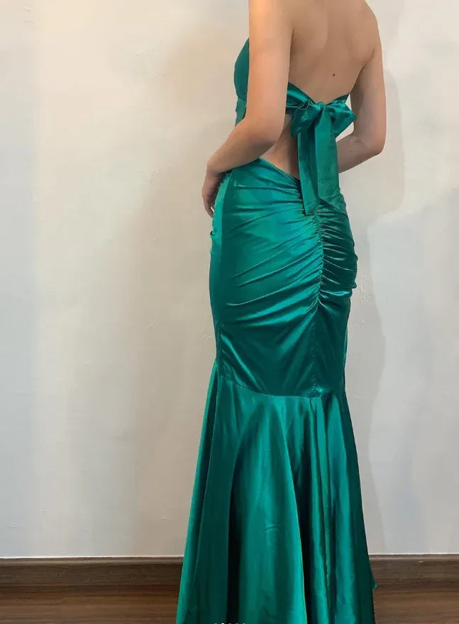 Emerald Green Halter Neck Ruched Satin Mermaid Maxi Gown