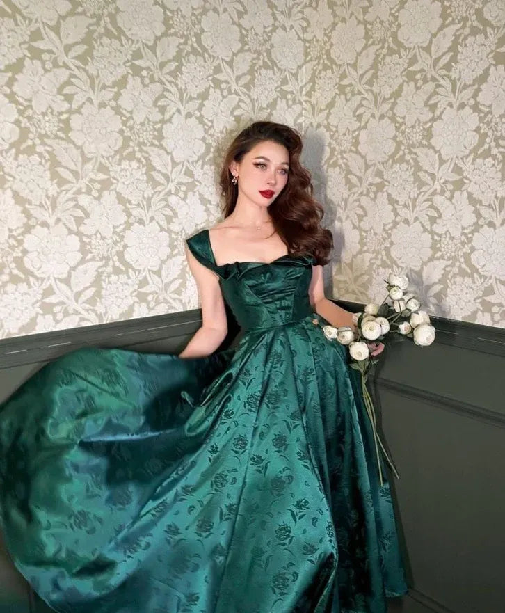 Emerald Green Jacquard Satin Cap Sleeve Midi Gown