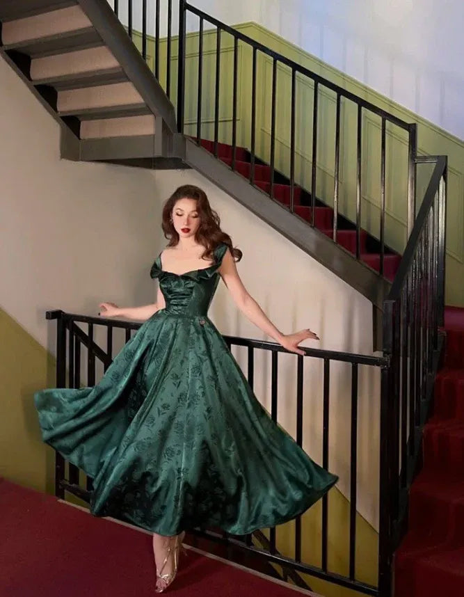 Emerald Green Jacquard Satin Cap Sleeve Midi Gown