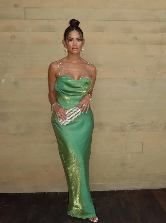 Emerald Green Metallic Cowl Neck Maxi Dress