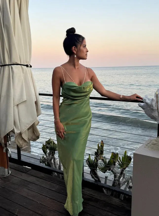 Emerald Green Metallic Cowl Neck Maxi Dress