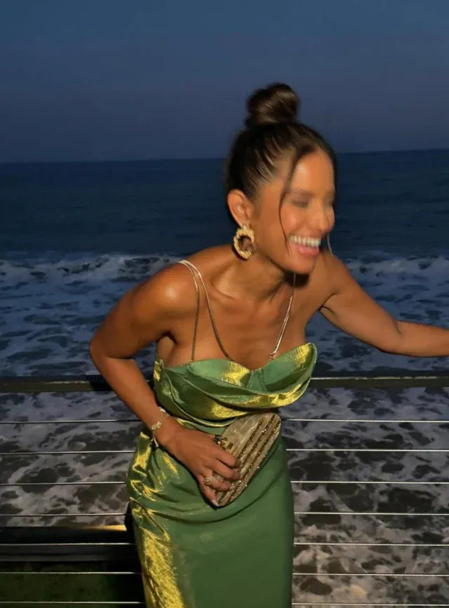 Emerald Green Metallic Cowl Neck Maxi Dress