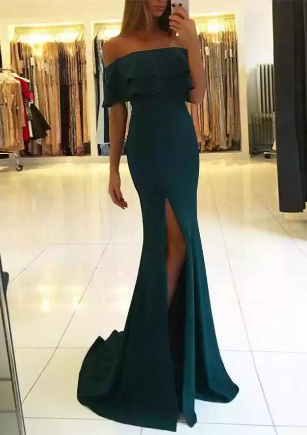 Emerald Green Off-Shoulder Ruffled Mermaid Gown – Regal & Alluring Evening Party Dress