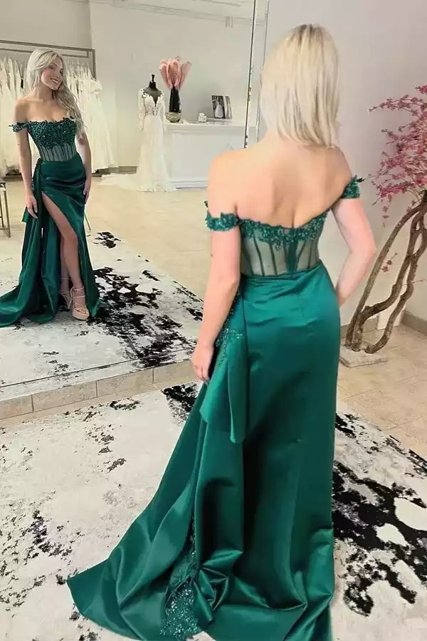 Emerald Green Off-the-Shoulder Beaded Sheer-Bodice Slit Gown – Opulent & Bold Evening Party Dress
