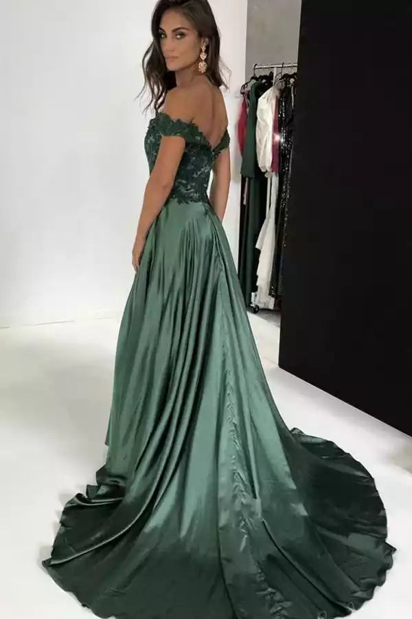Emerald Green Off-the-Shoulder Lace & Satin A-Line Train Gown – Regal & Elegant Evening Party Dress