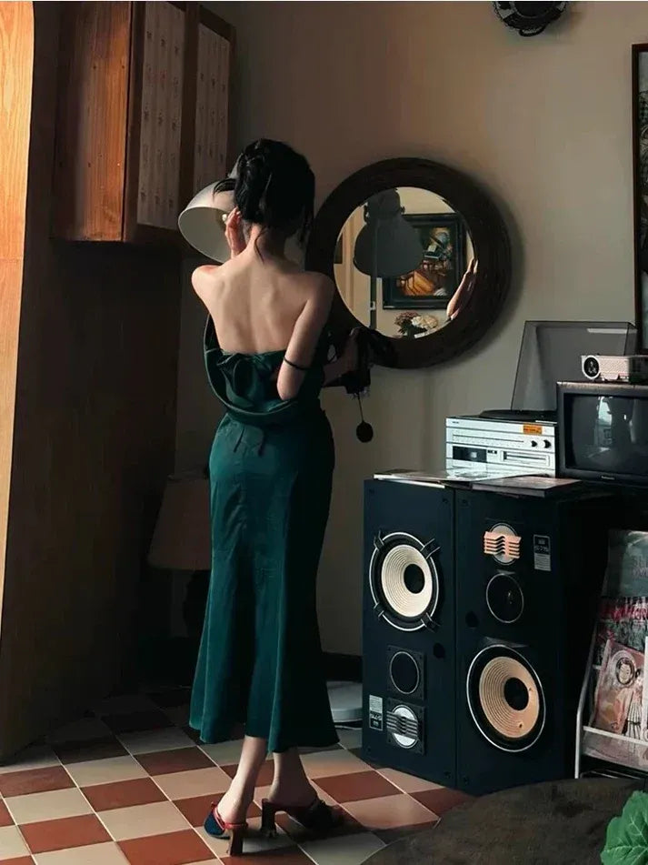 Emerald Green Satin Backless Midi Dress – Ruched Sweetheart Formal Cocktail Gown