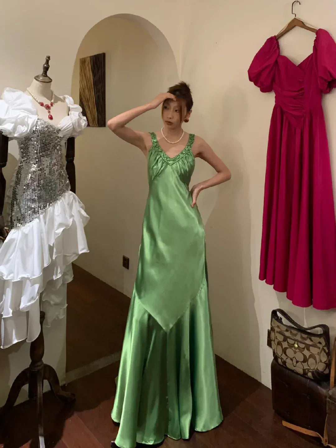 Emerald Green Satin Beaded Maxi Dress – Deep V-Back Formal Gown with Ruched Detailing