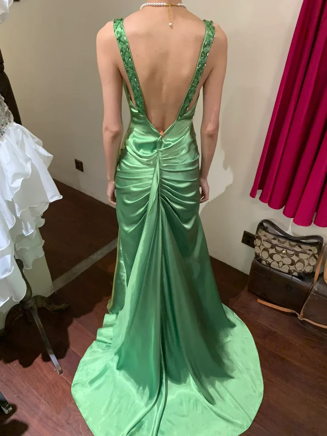 Emerald Green Satin Beaded Maxi Dress – Deep V-Back Formal Gown with Ruched Detailing