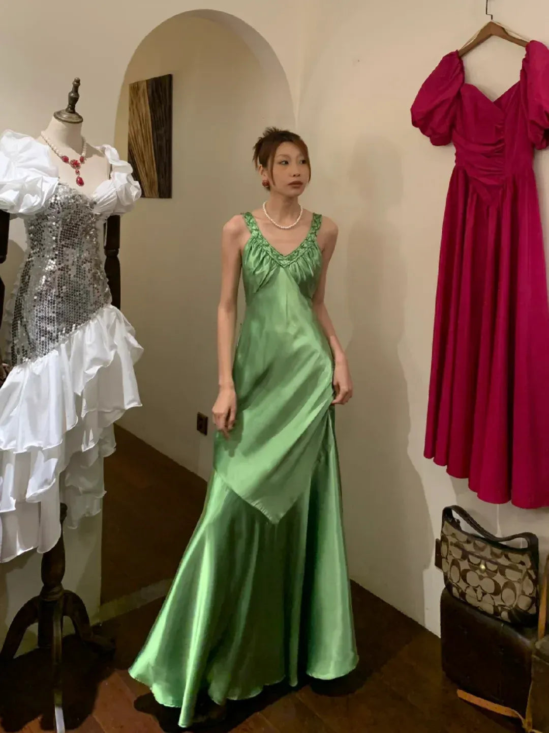 Emerald Green Satin Beaded Maxi Dress – Deep V-Back Formal Gown with Ruched Detailing