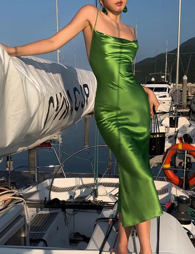 Emerald Green Satin Cowl Neck Cross Backless Midi Dress