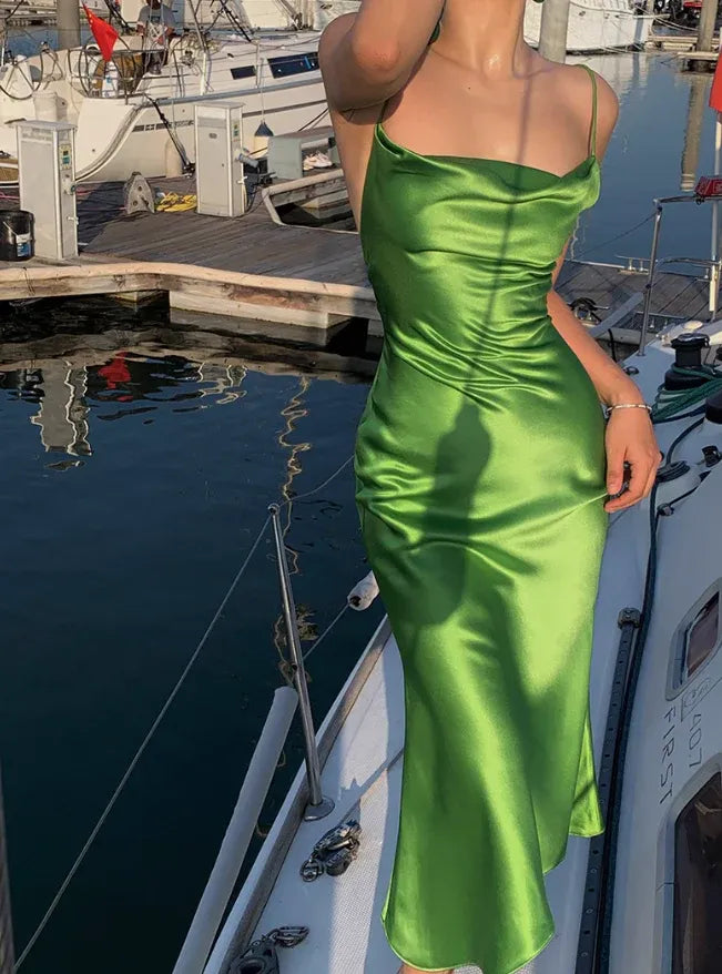 Emerald Green Satin Cowl Neck Cross Backless Midi Dress