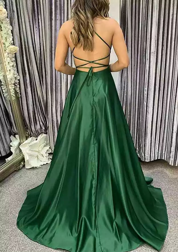 Emerald Green Satin Crisscross-Back A-Line Gown – Regal & Modern Evening Party Dress