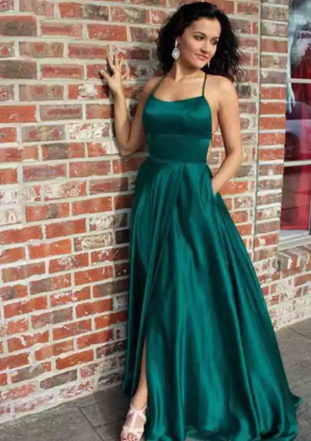 Emerald Green Satin Crisscross-Back A-Line Gown – Regal & Modern Evening Party Dress