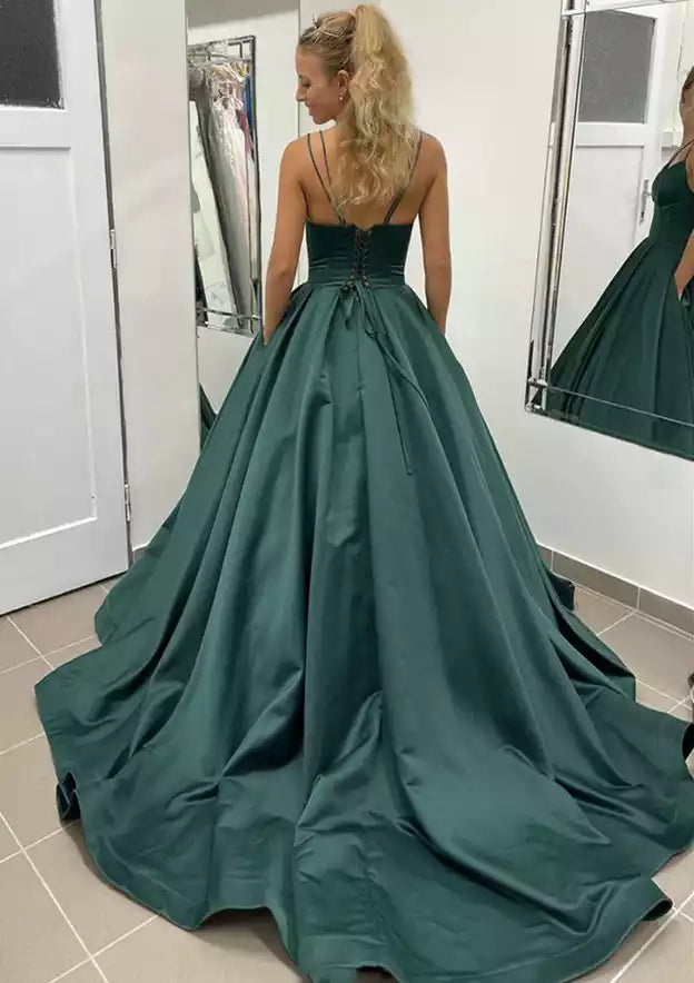 Emerald Green Satin Crisscross-Strap Ball Gown – Regal & Modern Evening Party Dress