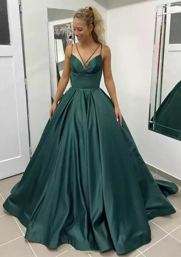 Emerald Green Satin Crisscross-Strap Ball Gown – Regal & Modern Evening Party Dress
