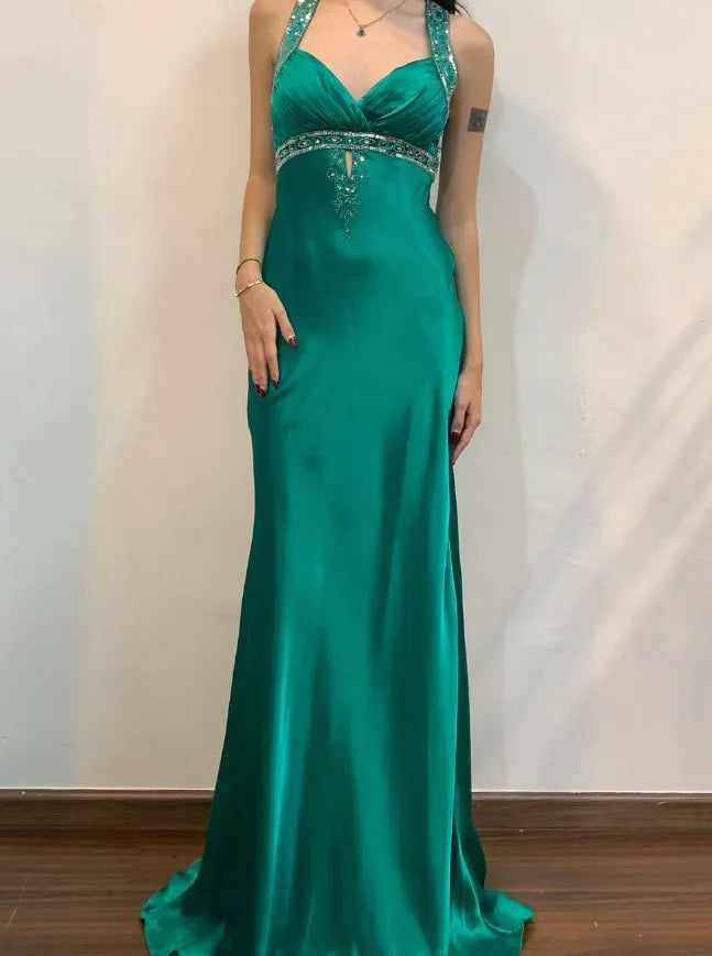 Emerald Green Satin Halter Neck Open Back Mermaid Prom Maxi Gown with Train