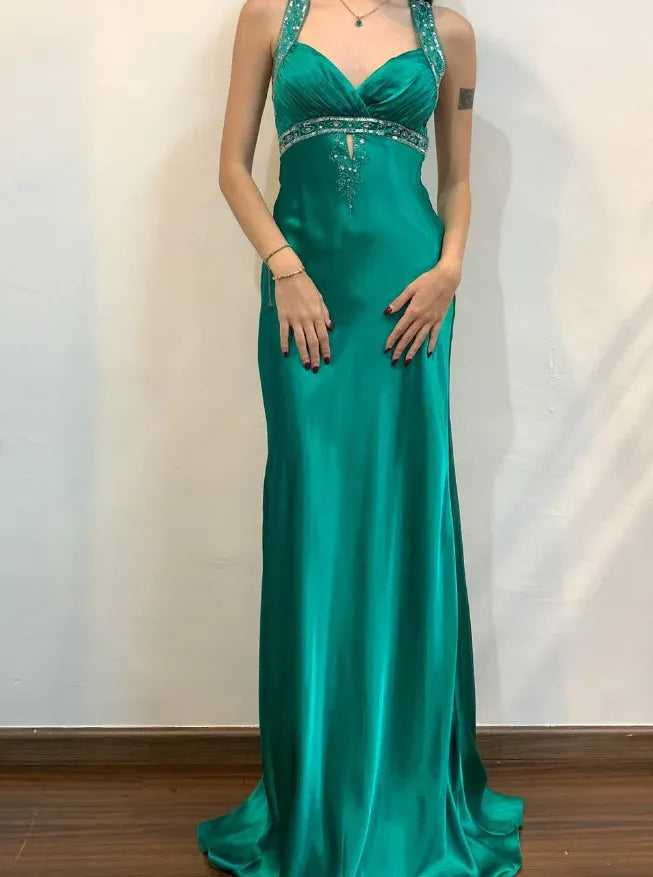 Emerald Green Satin Halter Neck Open Back Mermaid Prom Maxi Gown with Train