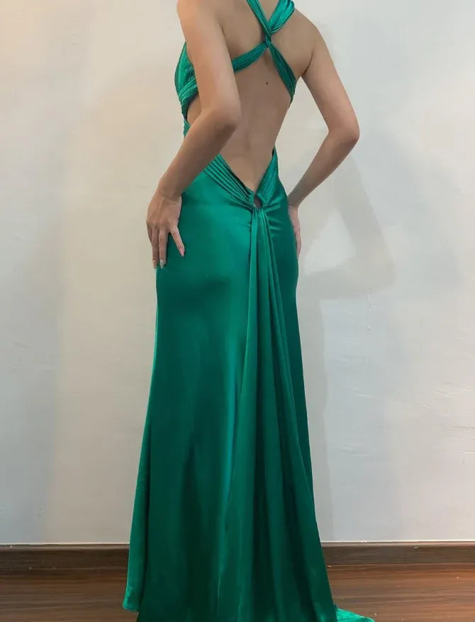 Emerald Green Satin Halter Neck Open Back Mermaid Prom Maxi Gown with Train