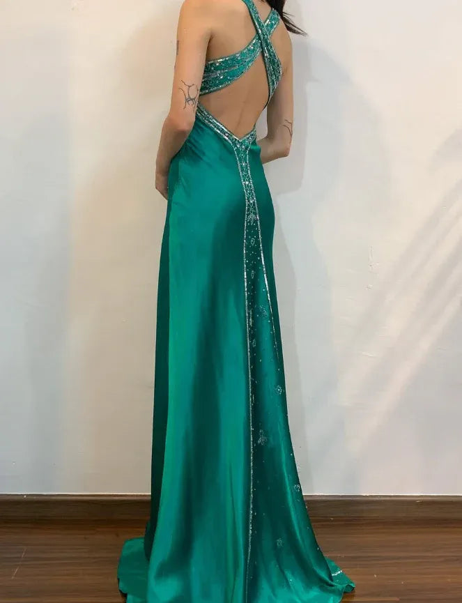 Emerald Green Satin Halter Neck Open Back Mermaid Prom Maxi Gown with Train