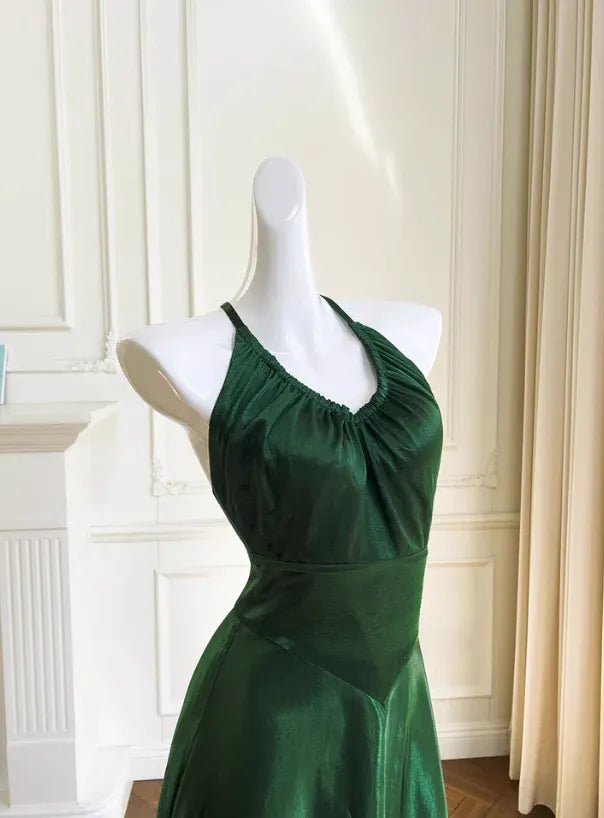 Emerald Green Satin Maxi Gown – Halter Neck Crisscross Back Formal Dress