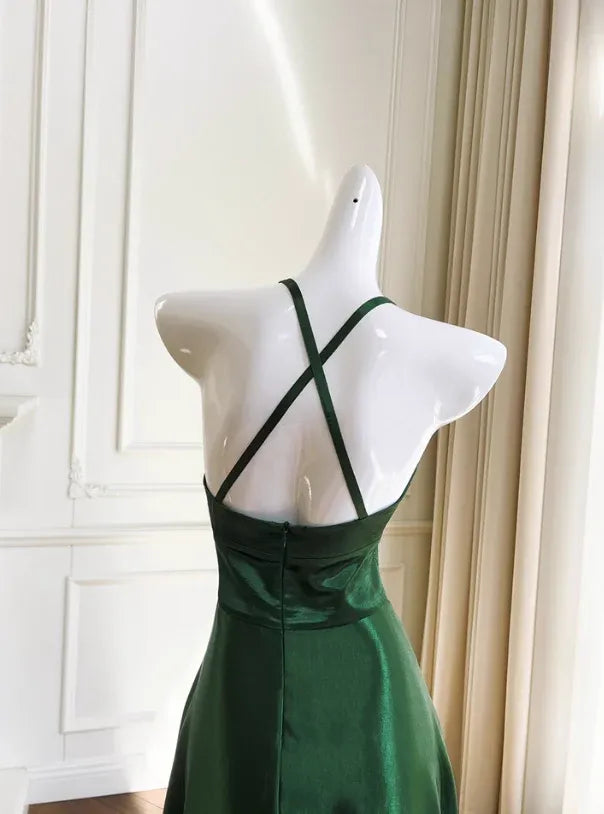 Emerald Green Satin Maxi Gown – Halter Neck Crisscross Back Formal Dress