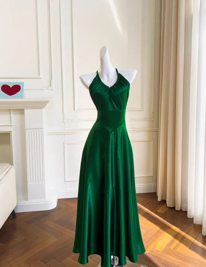 Emerald Green Satin Maxi Gown – Halter Neck Crisscross Back Formal Dress