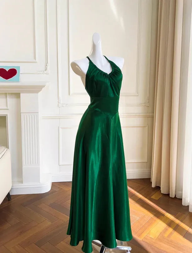 Emerald Green Satin Maxi Gown – Halter Neck Crisscross Back Formal Dress