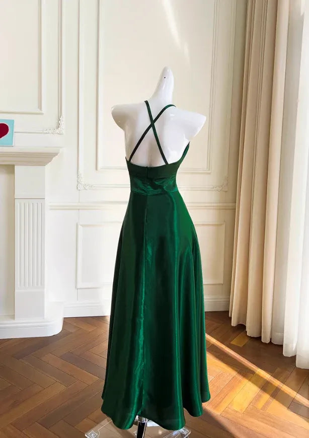 Emerald Green Satin Maxi Gown – Halter Neck Crisscross Back Formal Dress