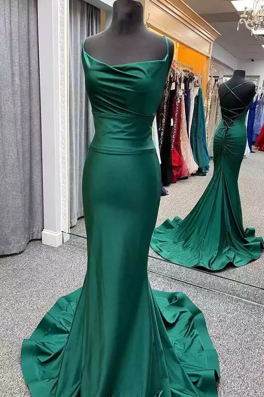 Emerald Green Satin Off-Shoulder Crisscross-Back Mermaid Gown – Sleek & Luxe Evening Party Dress