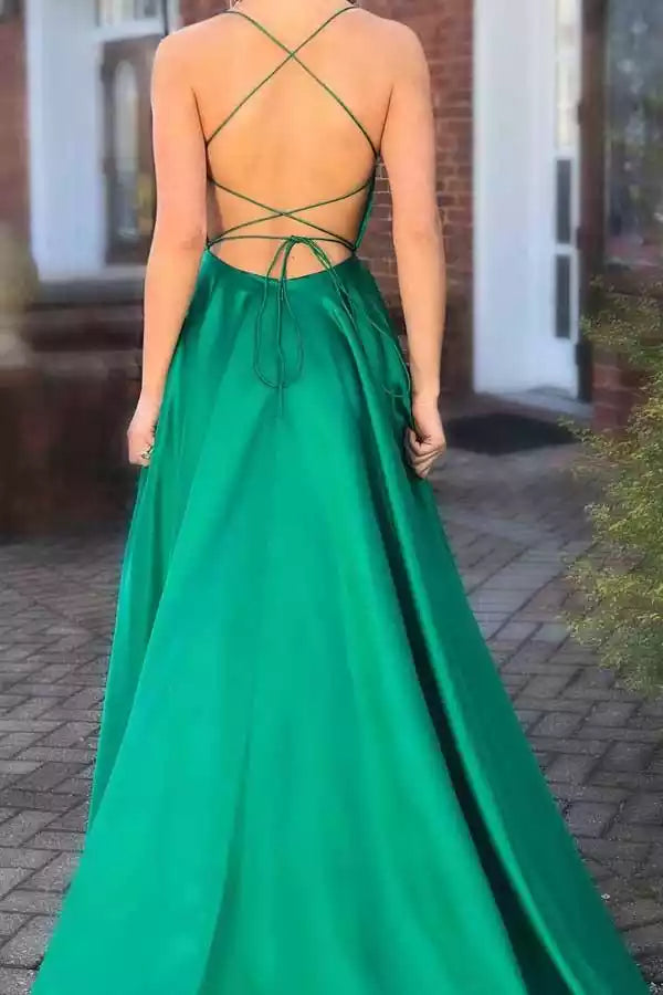 Emerald Green Satin Spaghetti Strap Crisscross Back Slit A-Line Gown – Luxe & Bold Evening Party Dress