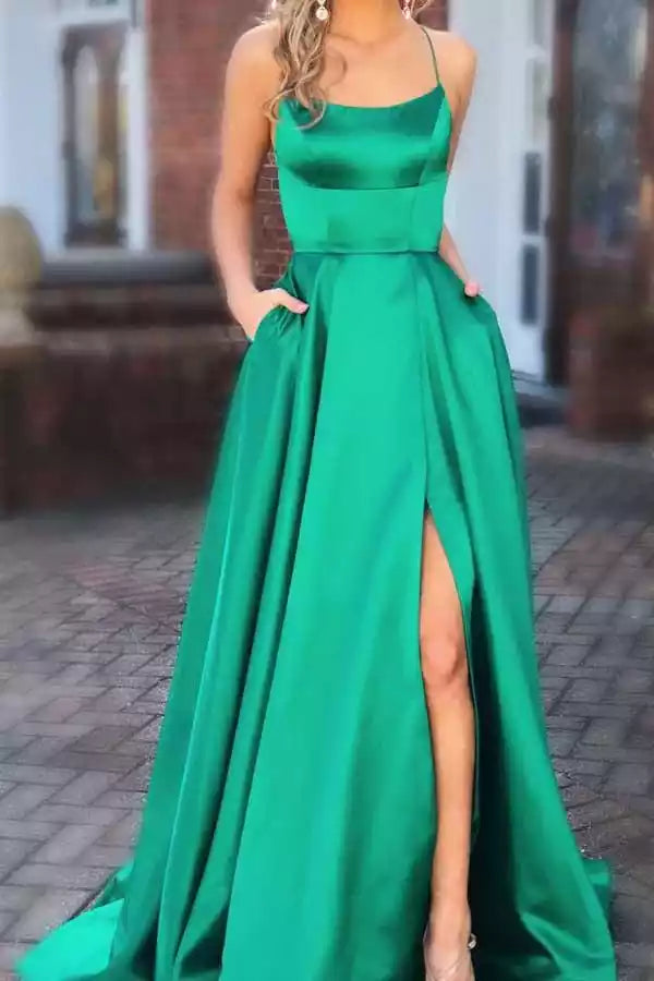 Emerald Green Satin Spaghetti Strap Crisscross Back Slit A-Line Gown – Luxe & Bold Evening Party Dress