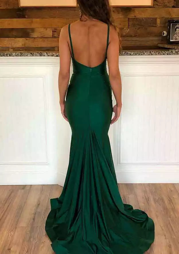 Emerald Green Satin Spaghetti Strap Mermaid Gown – Bold & Sleek Evening Party Dress