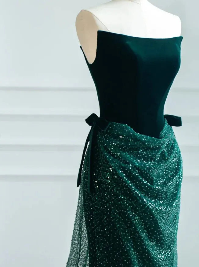 Emerald Green Velvet Sequin Strapless Mermaid Gown – Bow Detail Formal Evening Dress