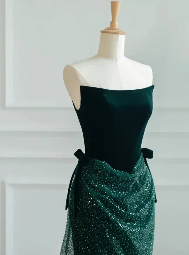 Emerald Green Velvet Sequin Strapless Mermaid Gown – Bow Detail Formal Evening Dress